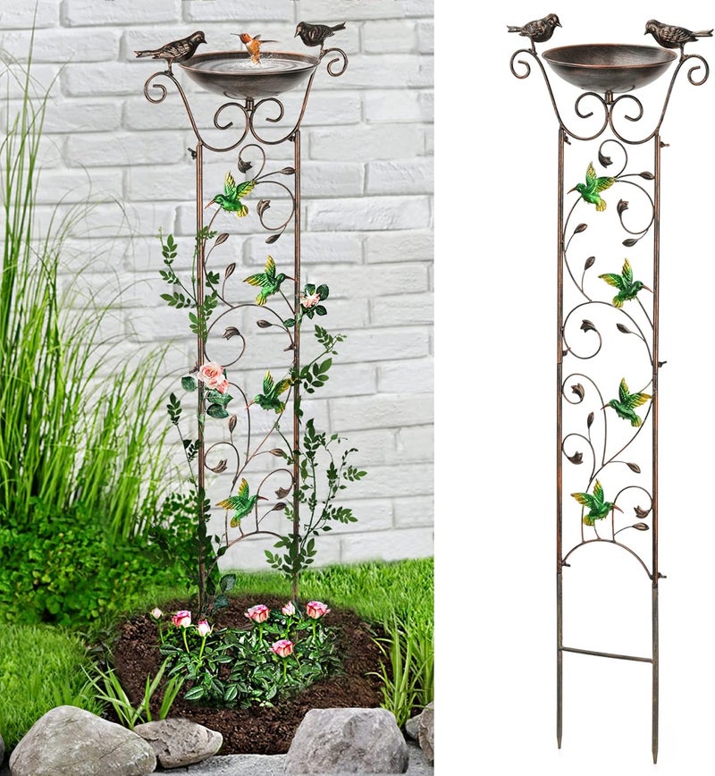 LEWIS&WAYNE Garden Trellis Bird Bath Outdoor, 40 Inch Antique Iron Garden Plant Trellis Decorative with Hummingbirds and Detachable Drinking Basin Bowl, Free Standing BirdBath Birdfeeder Station - Image 1
